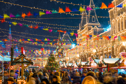 festive Christmas annual fair on Red Square in Moscow beautifully decorated, evening photography