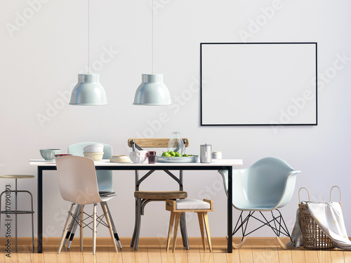Mock up poster in interior with dining area. living room modern style. 3d illustration © abraca_da
