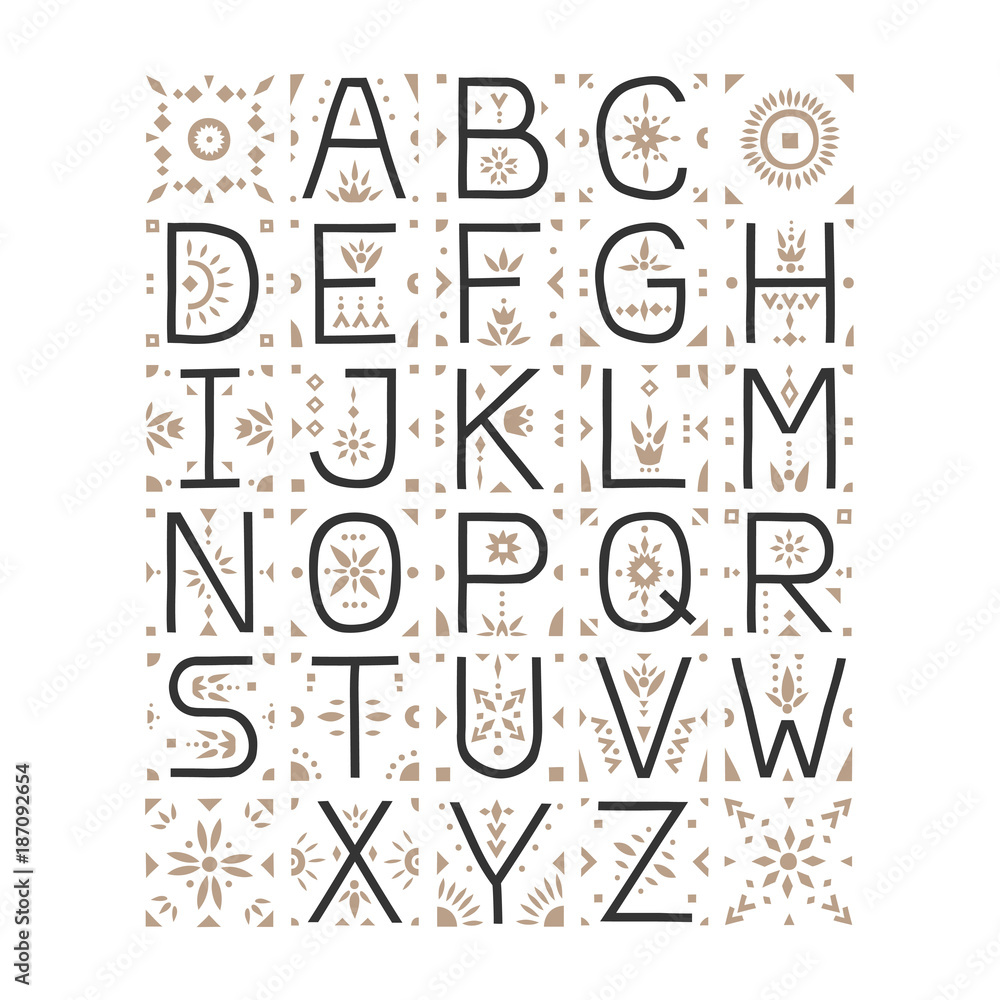 Vector capital alphabet. Decorative letters with patternded negative space.