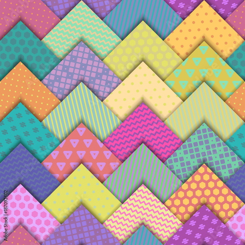 Seamless vector colorful bright pattern. Paper squares of different colors with ornaments lying on each other. Holiday packages, wallpaper, background.