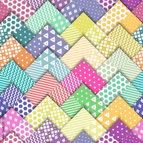 Seamless vector colorful bright pattern. Paper squares of different colors with white ornaments lying on each other. Holiday packages, wallpaper, background.