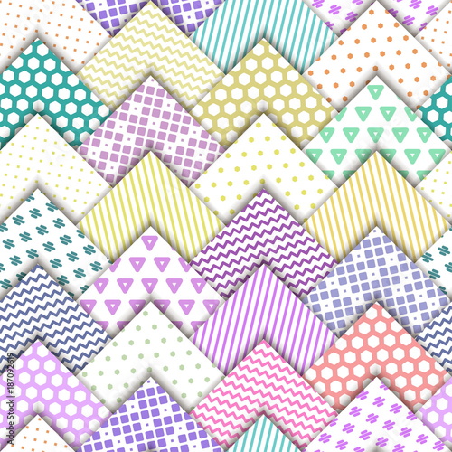 Seamless vector colorful pattern. Paper white squares with color ornaments lying on each other. Holiday packages, wallpaper, background.