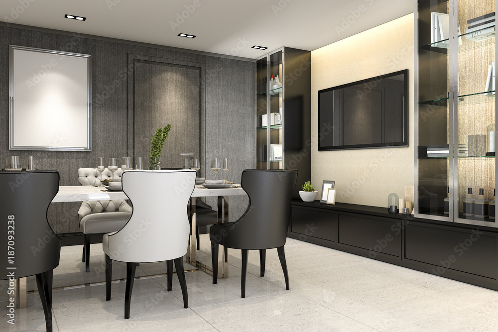 3d rendering dining room with tv console set in modern grey dining room