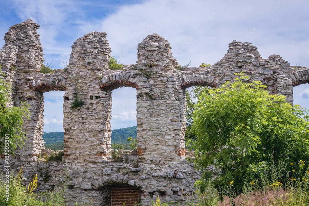 Ruined walls of Rabsztyn Castle in Rabsztyn village, Poland
