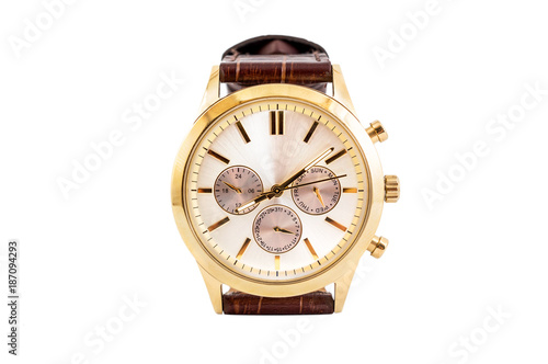 Mechanical golden men's wrist watch isolated on white background.