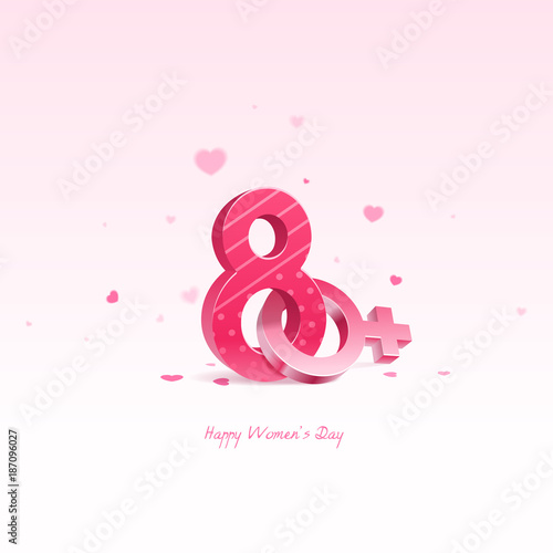 International Happy Women's Day, 8 March. 3D number and female sign with heart confetti in background.
