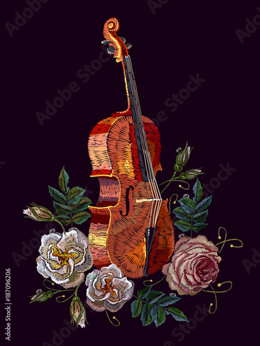 Embroidery violin and roses. Classical embroidery musical violin and buds of flowers roses. Fashion art, template for clothes, t-shirt design art