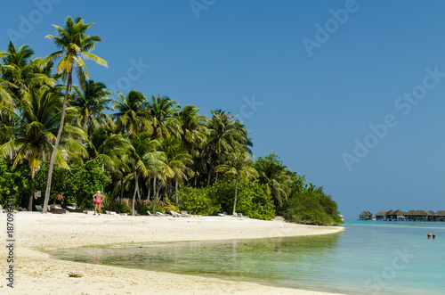 Fototapeta Naklejka Na Ścianę i Meble -  Amazing beach on Maldives with white sand, turquoise water, green coconut palms, blue sky, in the background - water villas. Kuda Huraa island. Holidays destination