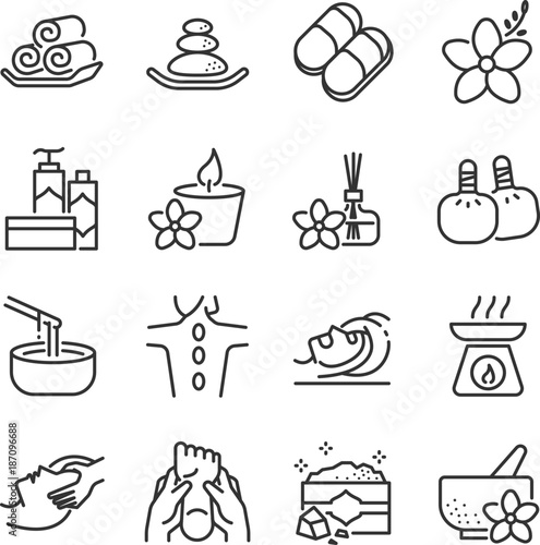 Spa icon set. Included the icons as candle, aromatic, massage, relax, products, salt, hot stone and more.