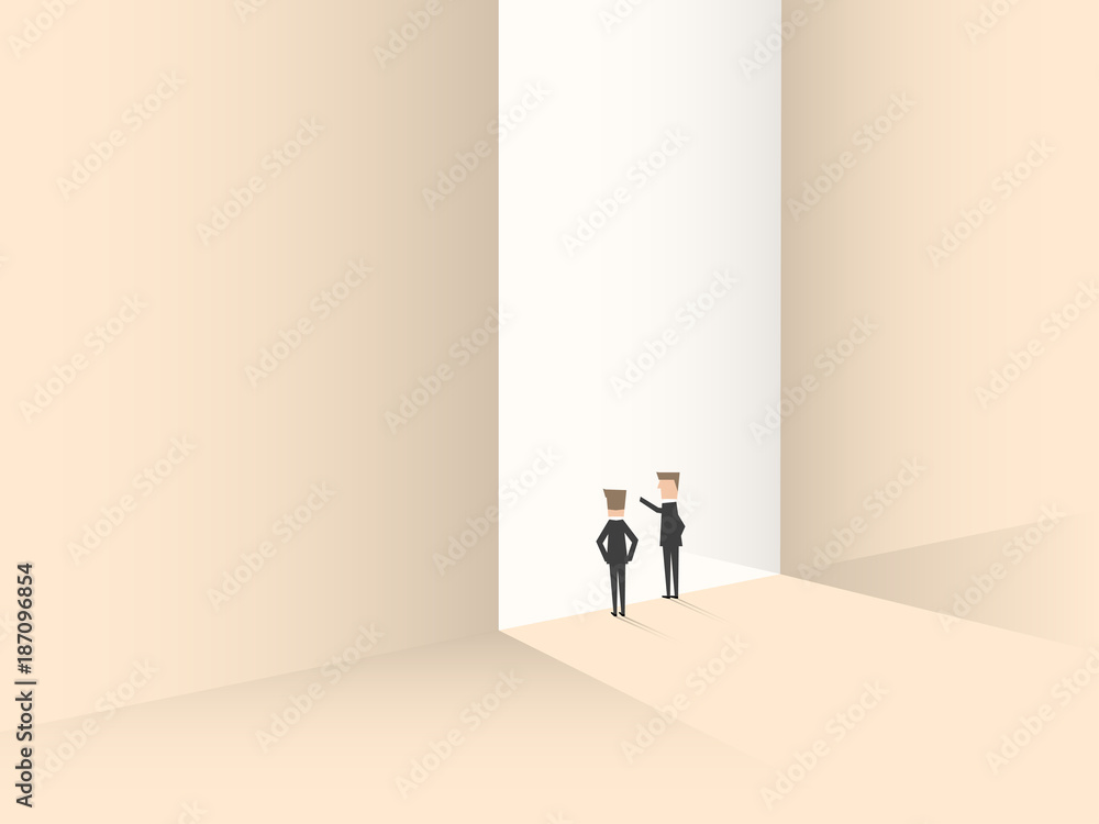 Two businessmen standing in front of a gate. Business concept of opportunities, challenge, vision and future. Vector illustration. Two businessmen standing in front of a gate. Business concept of opportunities, challenge, vision and future. Vector illustration.