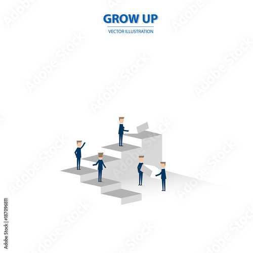 Businessman stand on the stairs and build their future together with team. Business concept of teamwork, success and future. Vector illustration. © porrot