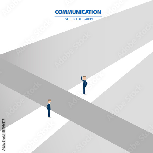 Two businessman in failed communication liked the way was cut off into two sides. Business concept of communication, skill and teamwork.