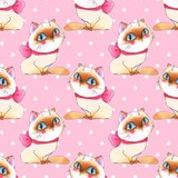 Watercolor cartoon cats, pink seamless pattern 6