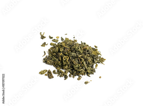 Heap of natural dried green tea on white background
