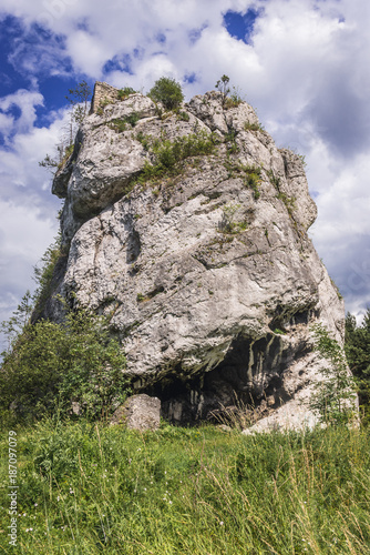 Ruined watchtower on the limestone rock in Polish Jurassic Highland, Silesia region in Poland photo