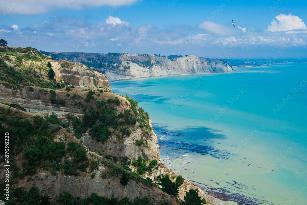 Limestone cliffs near Cape Kidnappers Golf course, with views of South Pacific Ocean, New Zealand