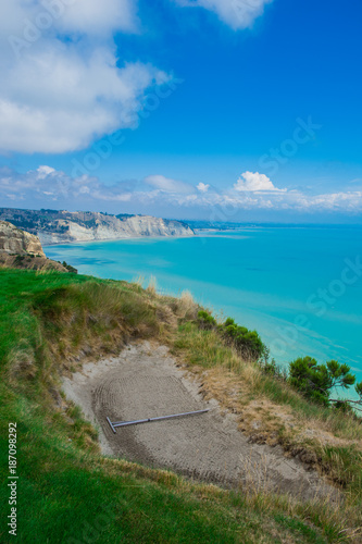 Limestone cliffs near Cape Kidnappers Golf course, with views of South Pacific Ocean, New Zealand