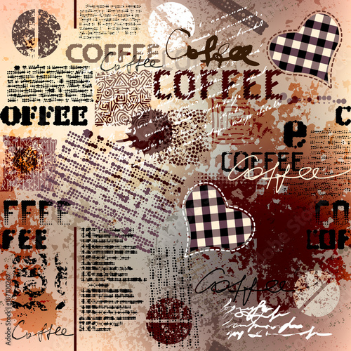 Coffee. Abstract coffee pattern on brown background with a lettring. Seamless pattern.