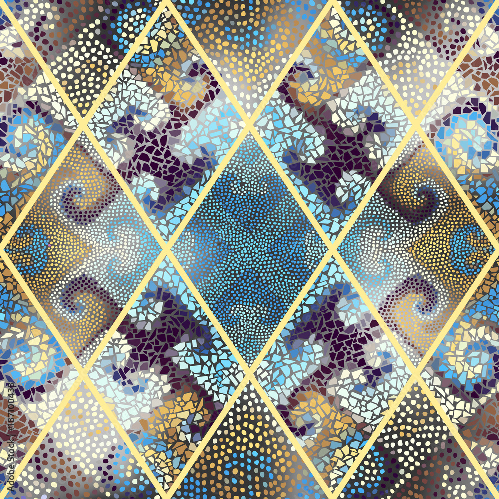 Seamless background pattern. Mosaic art pattern of rhombuses of different tile textures. Seamless background pattern. Mosaic art pattern of rhombuses of different tile textures.