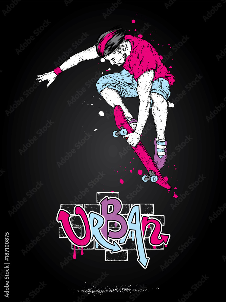 Stylish skater in jeans and sneakers. Skateboard. Vector illustration for a postcard or a poster, print for clothes. Street cultures. Stylish skater in jeans and sneakers. Skateboard. Vector illustration for a postcard or a poster, print for clothes. Street cultures.