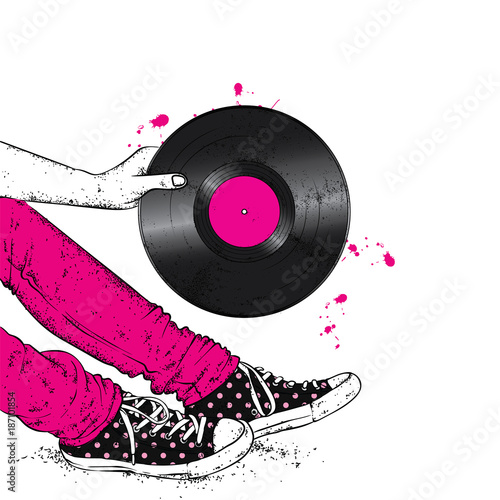 Legs in sneakers and a vinyl record. Hipster and music. Vector illustration for a postcard or a poster, print for clothes. Vintage, retro, fashion and style.
