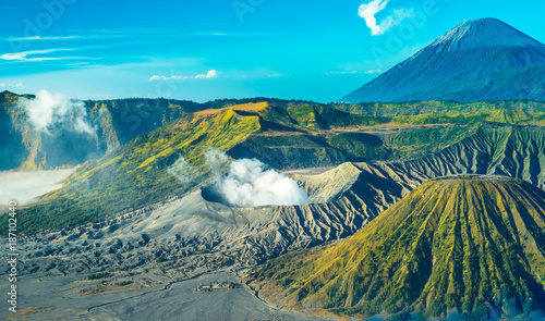 Bromo volcano during sunrise, the magnificent view of Mt. Bromo located in Bromo Tengger Semeru National Park, East Java, Indonesia.