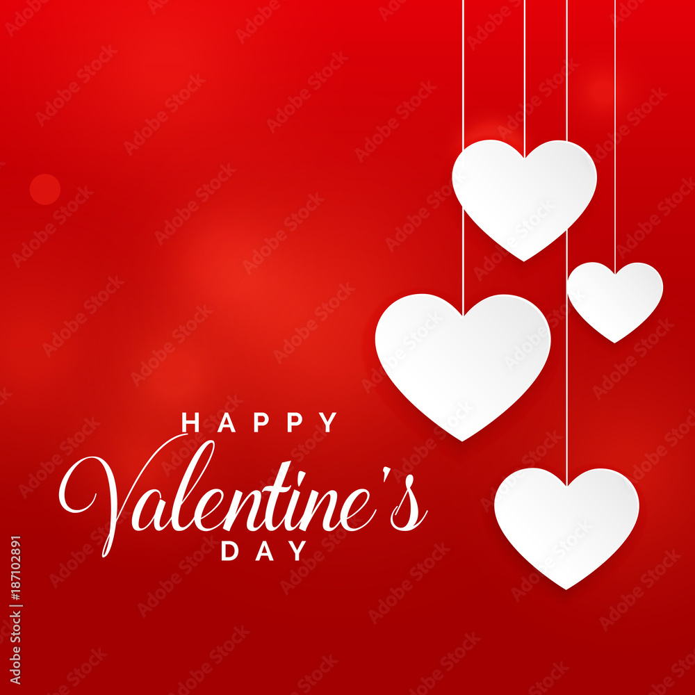 red valentine's day background with hanging white hearts