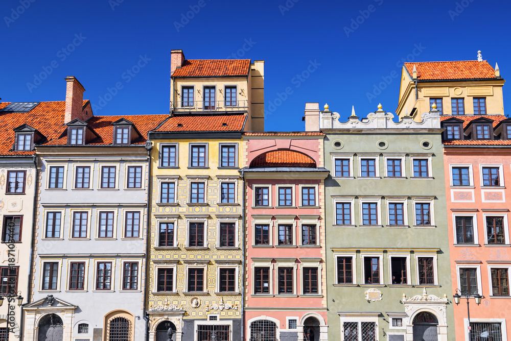 Colorful houses in Warsaw city center, Poland. Famous tourist destination. Polish capital