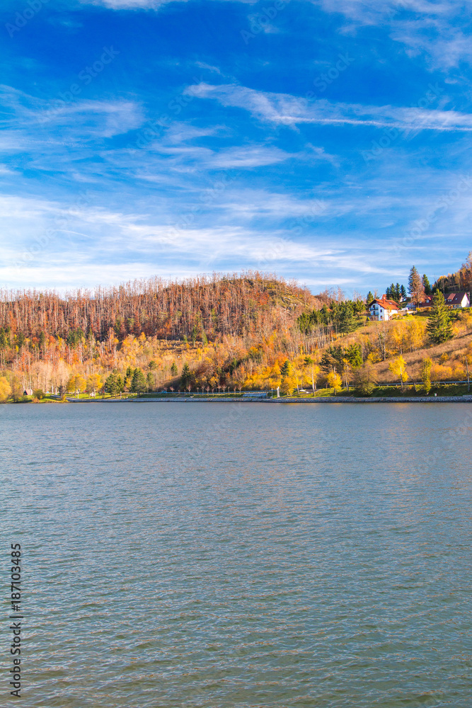     Beautiful Lake Bajer and town of Fuzine, Gorski kotar, Croatia, in autumn 