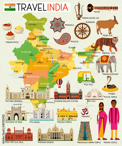 India Travel Map with Sightseeing Places.