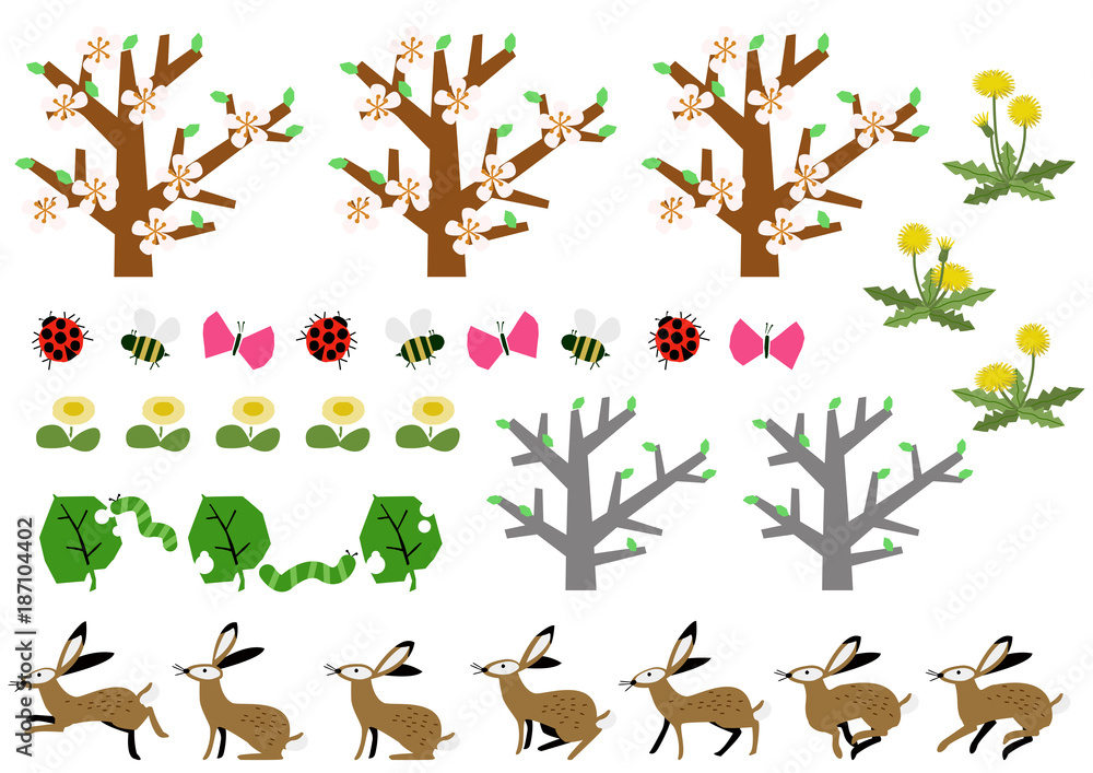 野兎と春の素材集 春の生物 春の植物 シーズンのイラスト Stock Vector Adobe Stock