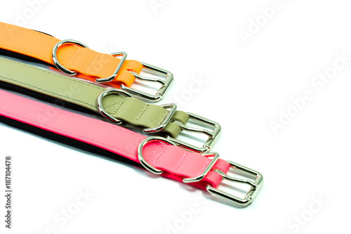 Pet supplies about rubber collars for pet on white background.