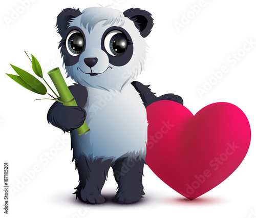 Fototapeta Naklejka Na Ścianę i Meble -  Valentines Day. Bear panda holds stalk of bamboo and red heart