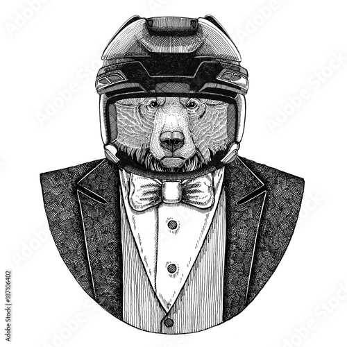 Canvas Print Grizzly bear Big wild bear Animal wearing jacket with bow-tie and hockey helmet or aviatior helmet