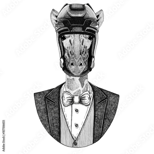 Photography Camelopard, giraffe Animal wearing jacket with bow-tie and hockey helmet or aviatior helmet