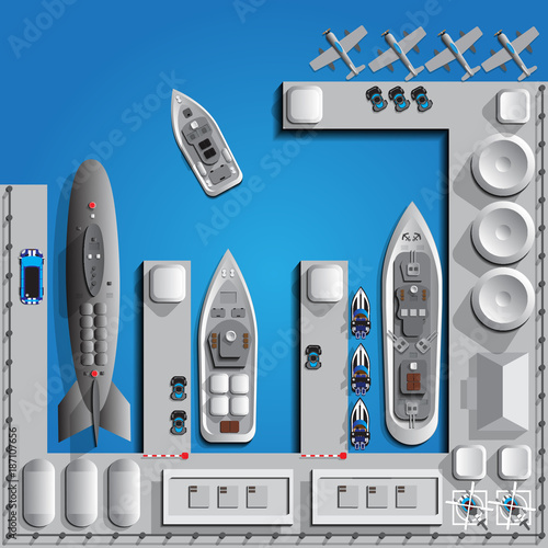Military seaport. View from above. Vector illustration.