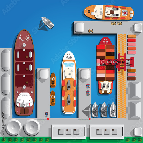 Seaport with the courts. View from above. Vector illustration.