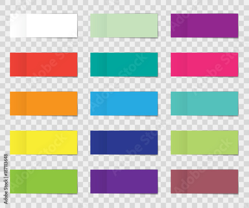 Post note sticker set isolated on transparent background. Paper sticky tape with shadow. Vector office color post note sticks for advertising design