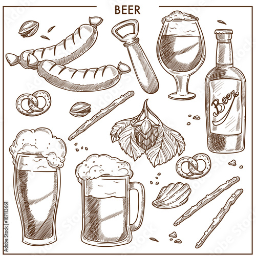 Beer of high quality and tasty snacks sketches set