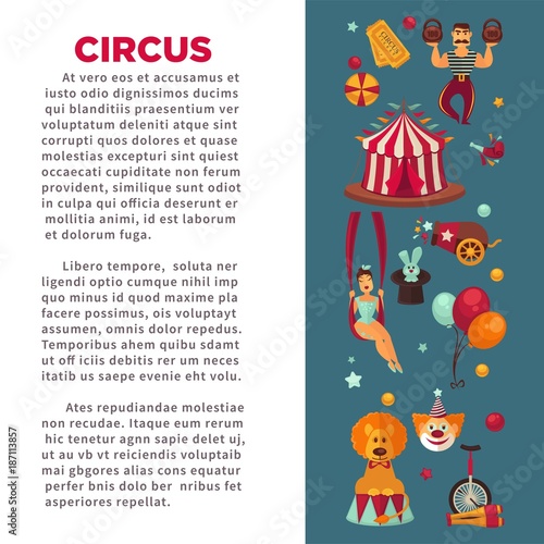 Amazing circus promo poster with participants of show and equipment.