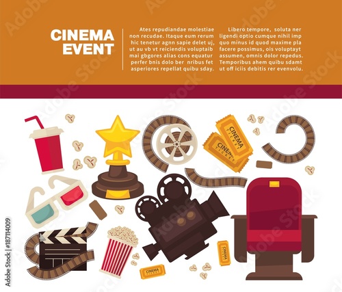 Cinema advertisement banner with symbolic cinematographic equipment