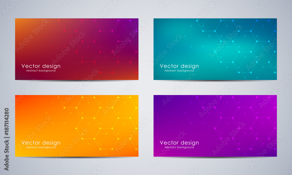 Fototapeta premium Technological and scientific banners with hexagonal molecule dna. Polygonal abstract background. Science, technology or medical concept. Vector illustration.