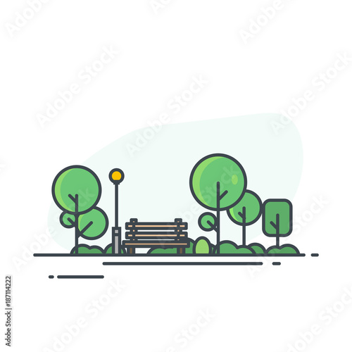 City park bench, lawn and trees, street lamp. Flat style line vector illustration. Green park in center of town. Parks and recreation concept.