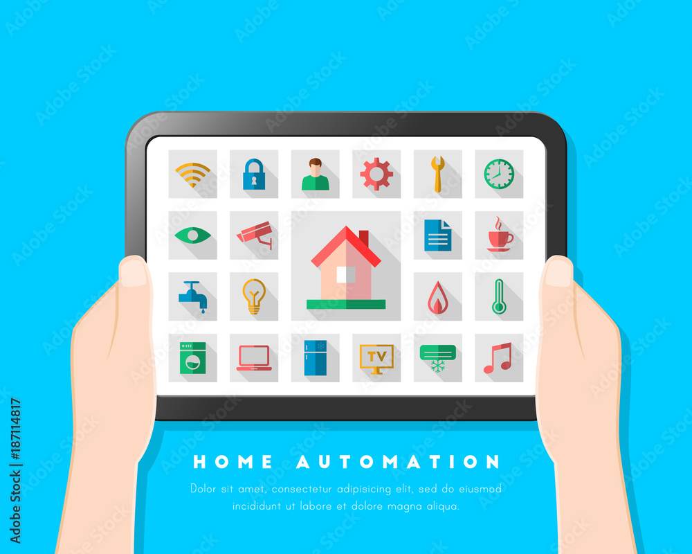 Home automation concept with user interface and icon set. Hand holding tablet in flat design. Home automation concept with user interface and icon set. Hand holding tablet in flat design.