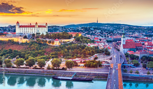 Canvas Print View on Bratislava castle,old town and Saint Martins cathedral over the river Da