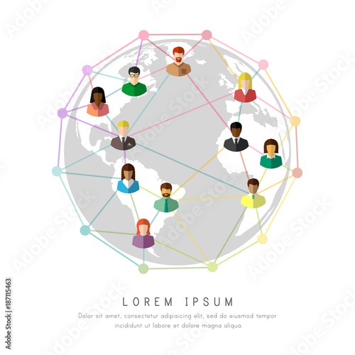 Multiracial people connecting to each other around the globe. Lines and dots as network and technology concept.