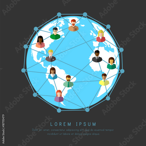 Internet and network as world wide connection and communication concept. Multiethnic people around the Earth.