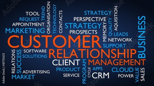 Customer relationship management (CRM) word tag cloud. 3D rendering, blue variant.