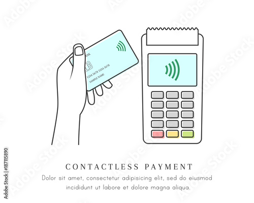 Contactless and wireless payment with hand holding card over the reader of a POS terminal. Paying and transaction concept with NFC technology. Line art on white background.