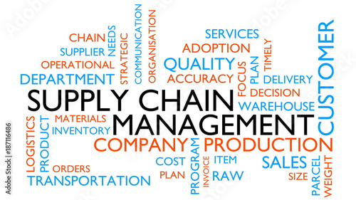 Supply chain management word tag cloud. 3D rendering, white variant.